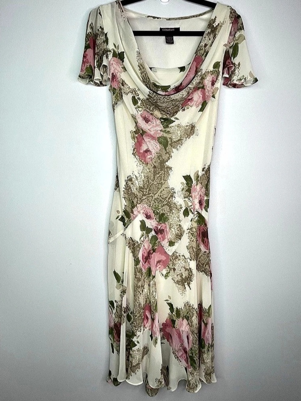 Signature by Robbie Bee Floral Print Cowl Neck Handkerchief Hem Midi Dress Midi